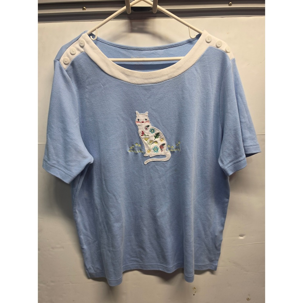 BonWorth Light Blue Short Sleeve Button Shoulder Floral Cat Applique Top Large